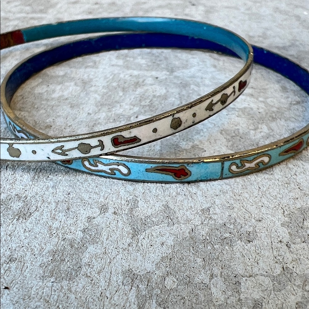 Vintage Blue and White Metal Abstract Arrow and Shapes Ethnic Pattern Bangle Set